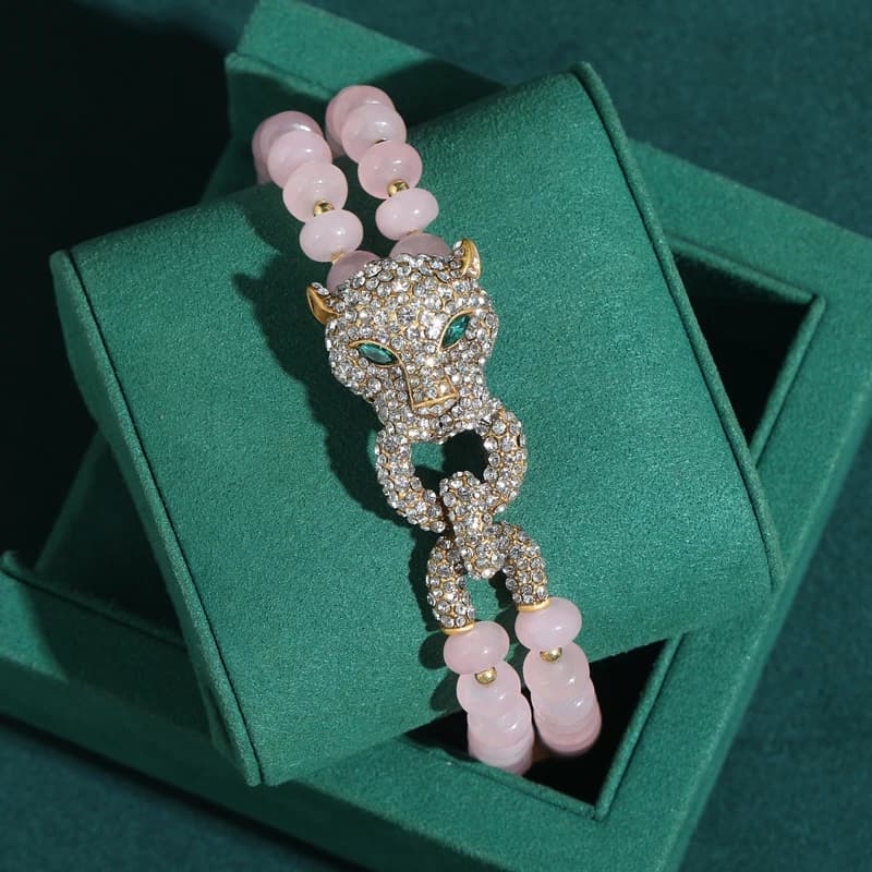 Vintage Rose Quartz Pink Bracelet Luxury Beaded Chain Leopard Head For Woman Rhinestone Jewelry Designers Valentine Day Gift New