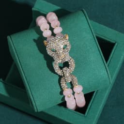 Vintage Rose Quartz Pink Bracelet Luxury Beaded Chain Leopard Head For Woman Rhinestone Jewelry Designers Valentine Day Gift New