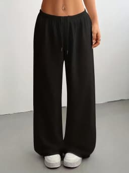 2026 Women's Casual Four Seasons - Comfortable Loose Solid Color Drawstring Elastic Belt Wide Leg Running Pants