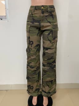 American High-Street Camouflage Cargo Pants, High-Waisted Straight-Leg Wide-Leg Design, Heavy-Duty Multi-Pocket, Slim-Fit Trendy