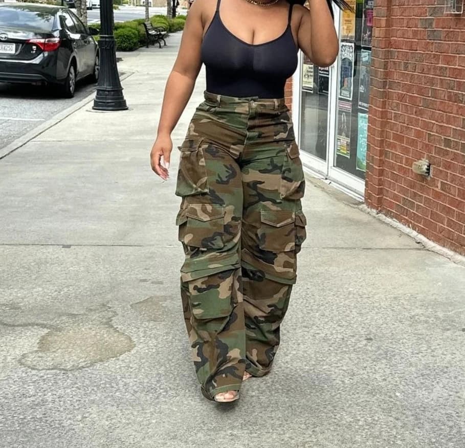 American High-Street Camouflage Cargo Pants, High-Waisted Straight-Leg Wide-Leg Design, Heavy-Duty Multi-Pocket, Slim-Fit Trendy