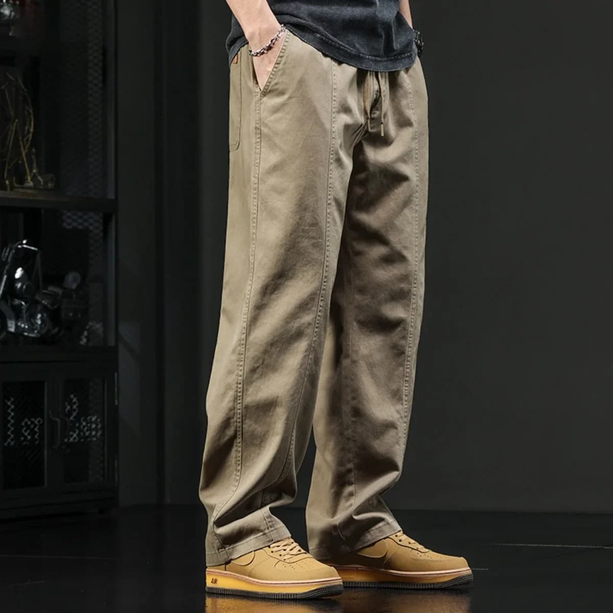 2026 in Spring Summer Casual Pants Retro Straight Wide Leg Trouser Drawstring Solid Color Male Trendy Baggy Fashion Loose Fit