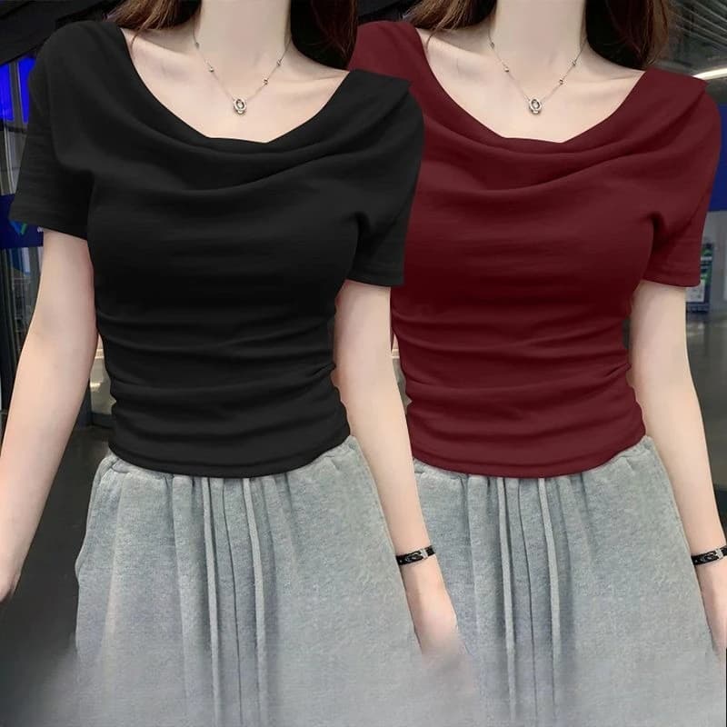 New Summer Design Sense One Shoulder Diagonal Collar Shirt Slim Fit Irregular Short Sleeved T-shirt Plus Size Women's Clothing