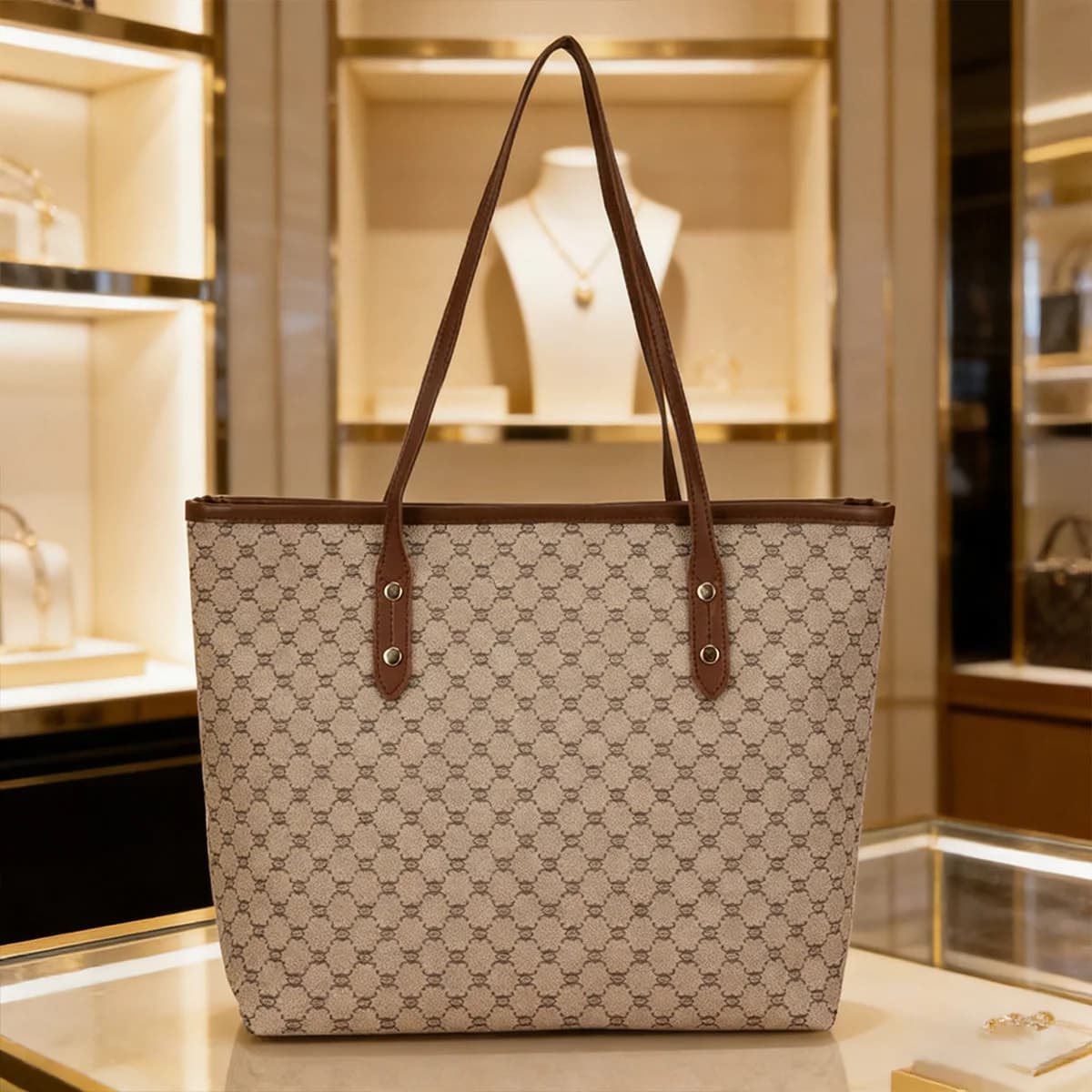 Luxury Vintage Women Tote Bag Monogram Print Rivet PU Leather Shoulder Bag Large Capacity Zipper Handbag for Commute Shopping