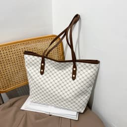 Luxury Vintage Women Tote Bag Monogram Print Rivet PU Leather Shoulder Bag Large Capacity Zipper Handbag for Commute Shopping