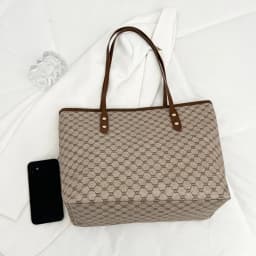 Luxury Vintage Women Tote Bag Monogram Print Rivet PU Leather Shoulder Bag Large Capacity Zipper Handbag for Commute Shopping