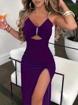 Metal Chain Shoulder Strap V Neck Thigh-high split Bodycon Midi Dress Women Sleeveless Skinny Long Dress Elegant Club Party