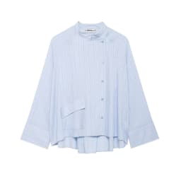 Spring and summer new women's clothing French round neck long sleeved asymmetrical hem flip chest pocket striped shirt