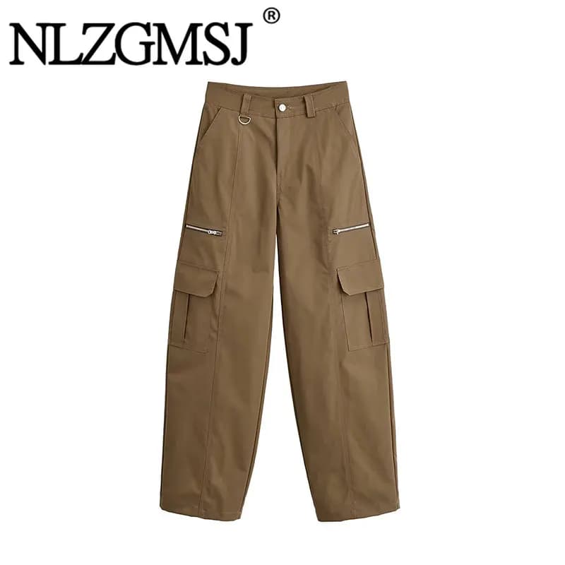 NLZGMSJ 2026 Spring Casual Solid Cargo Pants Women Pockets High Waist Wide Leg Trousers Fashion Streetwear Zipper Pant