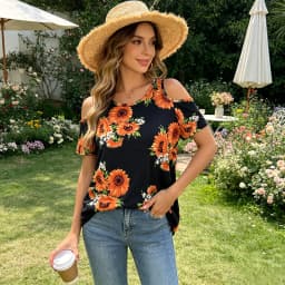 Women's Sunflower Print Cold Shoulder Top, Casual Loose Fit Short Sleeve T-Shirt, Floral Summer Blouse for Daily Wear