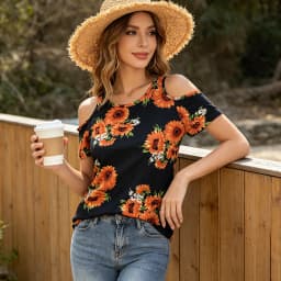 Women's Sunflower Print Cold Shoulder Top, Casual Loose Fit Short Sleeve T-Shirt, Floral Summer Blouse for Daily Wear