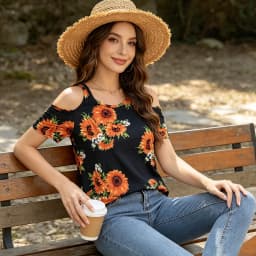 Women's Sunflower Print Cold Shoulder Top, Casual Loose Fit Short Sleeve T-Shirt, Floral Summer Blouse for Daily Wear