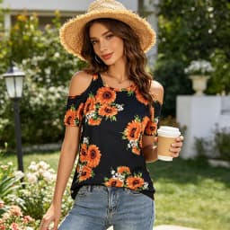Women's Sunflower Print Cold Shoulder Top, Casual Loose Fit Short Sleeve T-Shirt, Floral Summer Blouse for Daily Wear