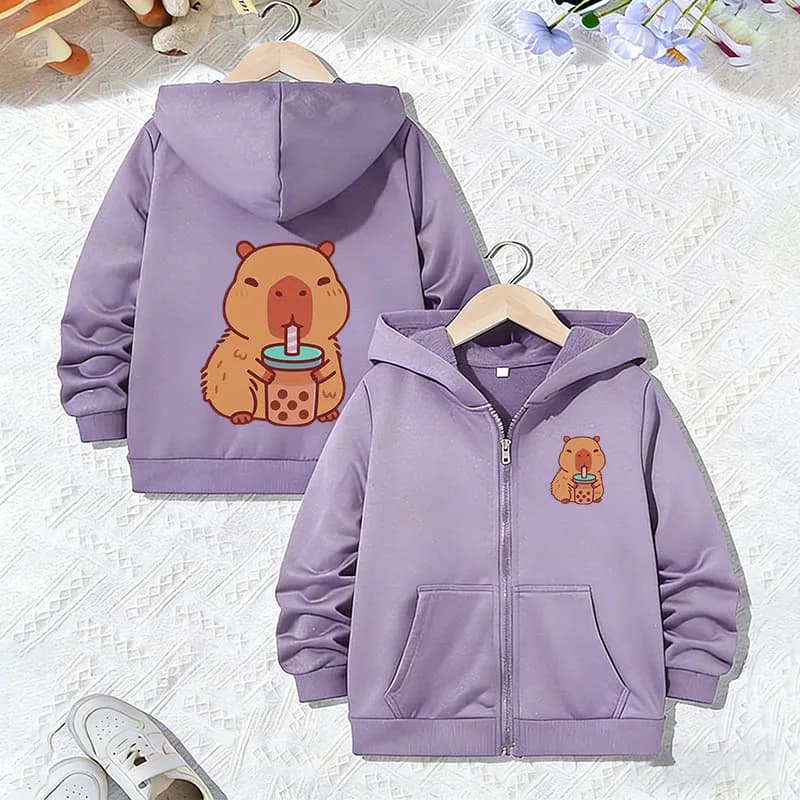 Capybara Letter Print Zipper Hoodie Jacket Kids Boys Girls Spring Autumn Trendy Animal Cartoon Sweatshirts Zip Up Children