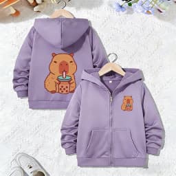 Capybara Letter Print Zipper Hoodie Jacket Kids Boys Girls Spring Autumn Trendy Animal Cartoon Sweatshirts Zip Up Children