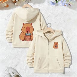 Capybara Letter Print Zipper Hoodie Jacket Kids Boys Girls Spring Autumn Trendy Animal Cartoon Sweatshirts Zip Up Children