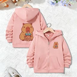 Capybara Letter Print Zipper Hoodie Jacket Kids Boys Girls Spring Autumn Trendy Animal Cartoon Sweatshirts Zip Up Children