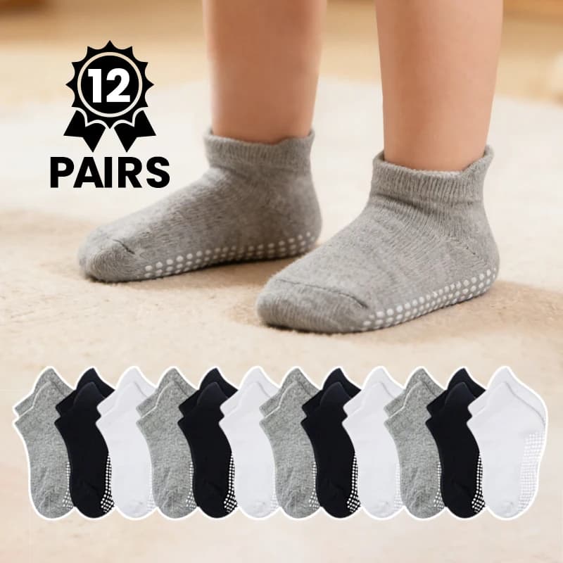 12 Pairs Basic Black White Grey Anti-Slip Socks Toddlers Learning to Walk Non-Slip Baby Socks