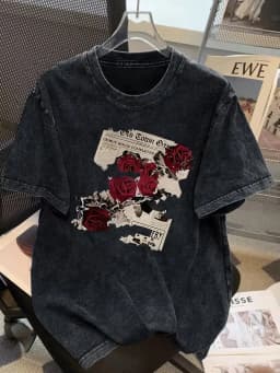 Vintage Washed T-shirt with Retro Rose Print,Men Women Unisex Streetwear Fashion Tees Casual Shirt Basic Round Neck Tops