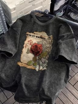 Vintage Washed T-shirt with Retro Rose Print,Men Women Unisex Streetwear Fashion Tees Casual Shirt Basic Round Neck Tops