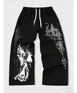 Men's and Women's Y2K Gothic Angel Print Wide Leg Sports Pants Street Wear Hip-hop Casual Drawstring Pants Harajuku Street Style