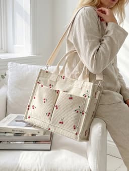 Cute Cherry Print Corduroy Tote Bag Large Capacity Multi Pocket Fruit Lover Commuter Shoulder Bag