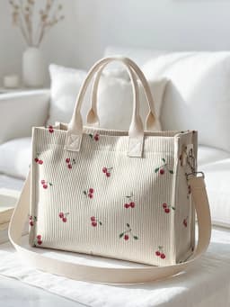 Cute Cherry Print Corduroy Tote Bag Large Capacity Multi Pocket Fruit Lover Commuter Shoulder Bag