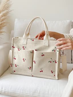 Cute Cherry Print Corduroy Tote Bag Large Capacity Multi Pocket Fruit Lover Commuter Shoulder Bag