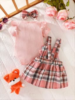 Summer newborn baby girl short sleeved jumpsuit paired with cartoon plaid shoulder strap skirt, headband three piece set