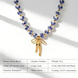 AURORA Vintage Ceramics Beaded String Chain Necklaces For Women's Stainless Steel Bow Pendant Necklace Women's Choker Necklace