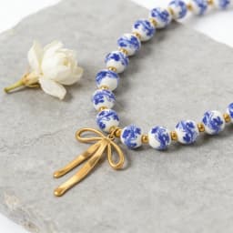 AURORA Vintage Ceramics Beaded String Chain Necklaces For Women's Stainless Steel Bow Pendant Necklace Women's Choker Necklace