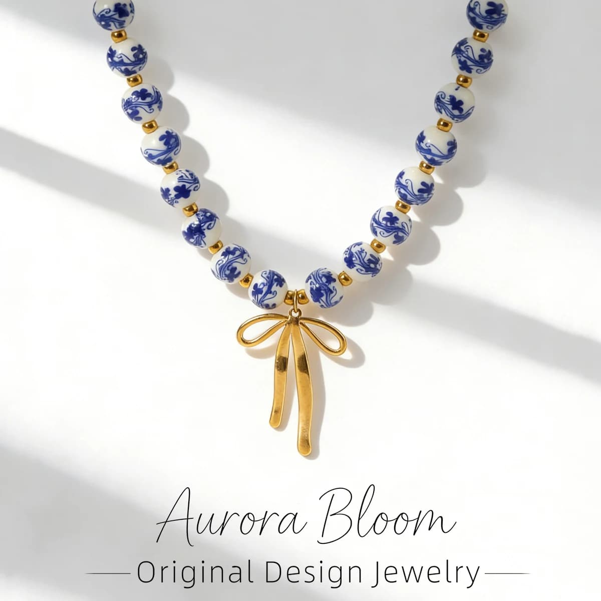 AURORA Vintage Ceramics Beaded String Chain Necklaces For Women's Stainless Steel Bow Pendant Necklace Women's Choker Necklace