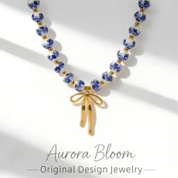 AURORA Vintage Ceramics Beaded String Chain Necklaces For Women's Stainless Steel Bow Pendant Necklace Women's Choker Necklace