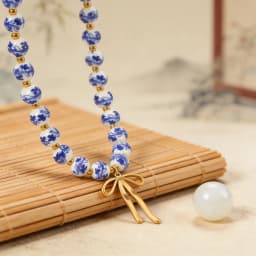 AURORA Vintage Ceramics Beaded String Chain Necklaces For Women's Stainless Steel Bow Pendant Necklace Women's Choker Necklace