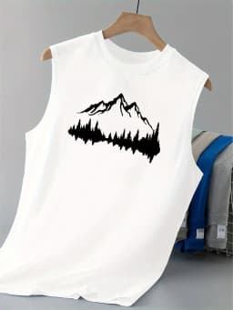 100% Pure Cotton Men's Summer Fashionable Casual Loose Mountain Reflection Printed Fitness Breathable Round Neck Sleeveless Vest