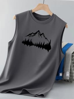 100% Pure Cotton Men's Summer Fashionable Casual Loose Mountain Reflection Printed Fitness Breathable Round Neck Sleeveless Vest
