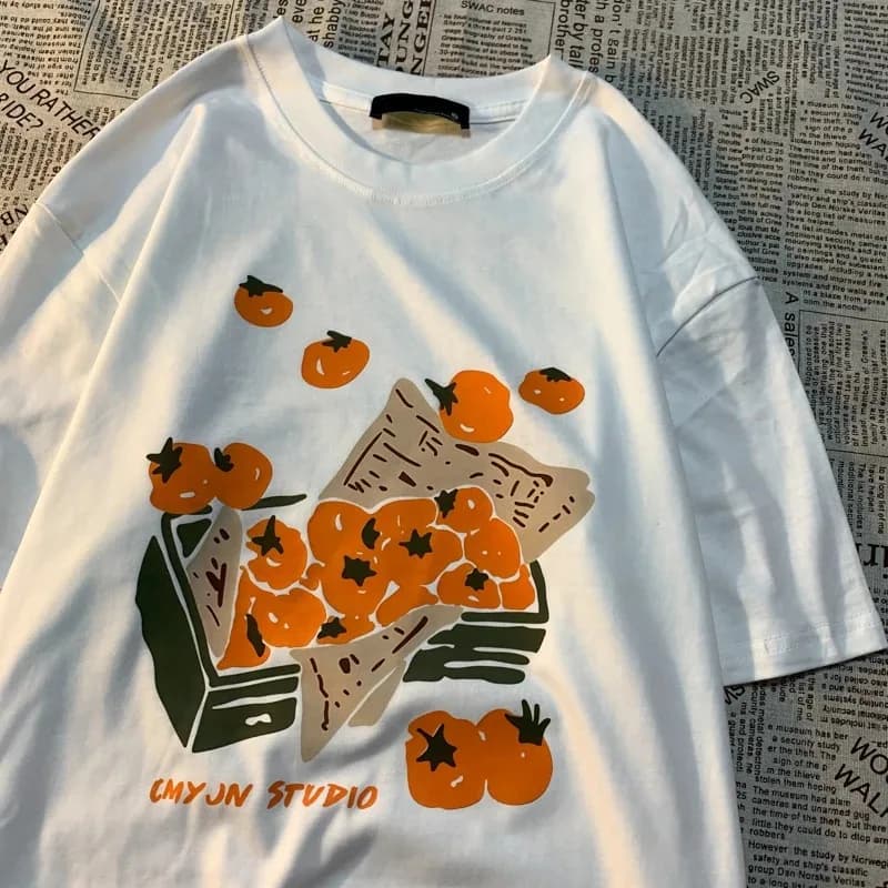 Japanese Style Persimmon Graphic T-Shirt Cute Fruit Illustration Short Sleeve Tee White Casual Summer Top Men Women Streetwear