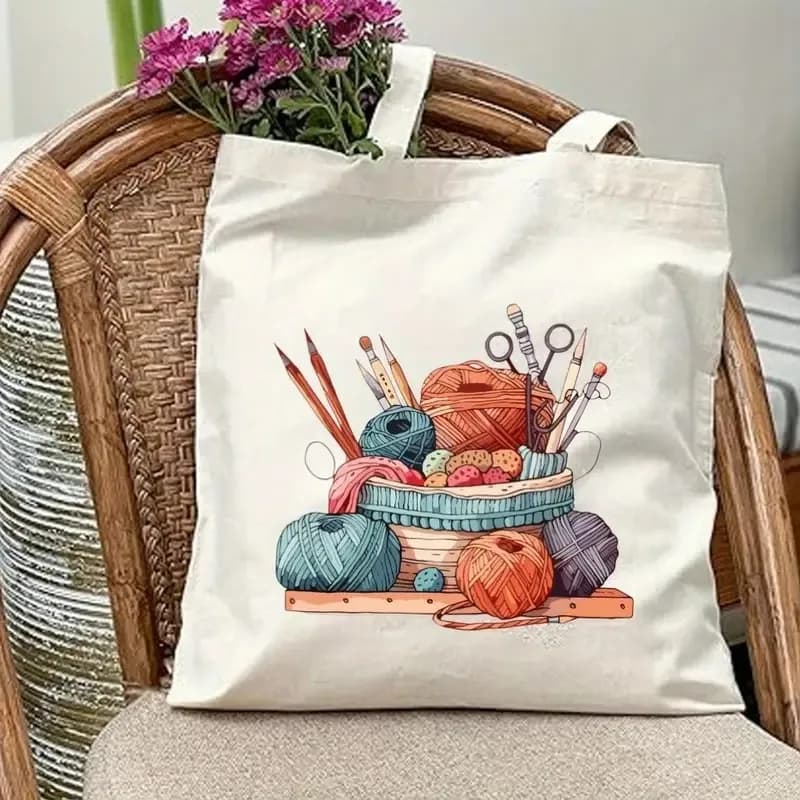 Cute Knitting Basket Canvas Tote Bag Women Yarn Ball Graphic Shopper Bag Crochet Lover Gift Daily Shoulder Handbag Apparel