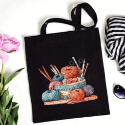 Cute Knitting Basket Canvas Tote Bag Women Yarn Ball Graphic Shopper Bag Crochet Lover Gift Daily Shoulder Handbag Apparel