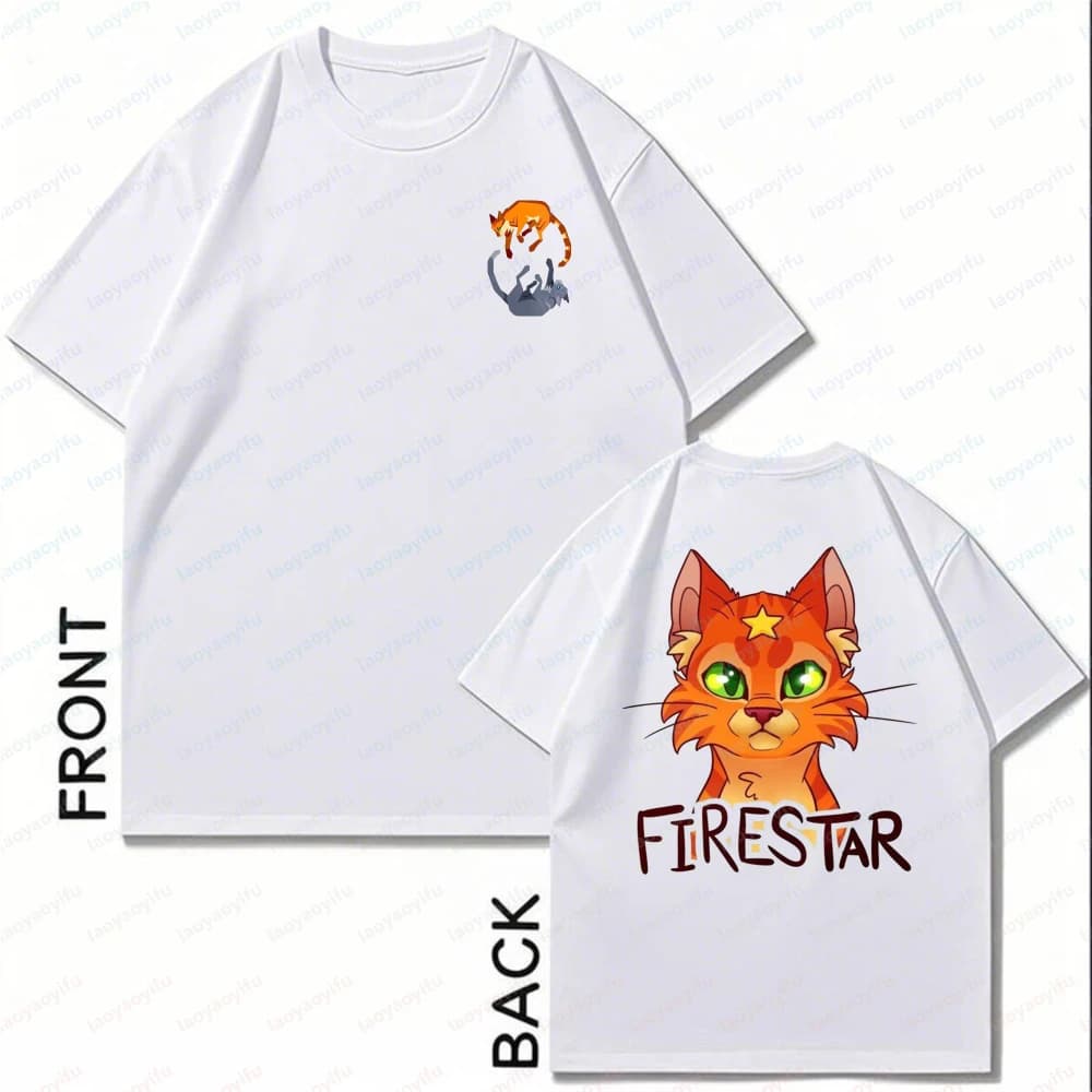 Firestar Cat Warrior Front and Back Print Unisex Cotton T-Shirt Cute Anime Character Tees Fantasy Novels Fans of Warrior Cats