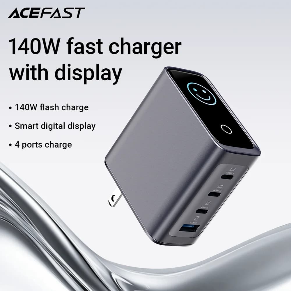 ACEFAST US Plug GaN 140W Fast Charging Phone Charger LED Display Screen For iPhone 17/16 Pro Max USB C USB A Wall Travel Adapter