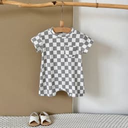 Newborn Baby Bubble Romper Short Sleeve Bodysuits Summer Casual Checkerboard Print Cute Baby Clothes for Infants