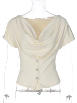 Hugcitar Swing Collar Solid Short Sleeve Buttons Crop T-Shirt Ruched Sexy Slim Top Summer Women Fashion Clothes Party Festival