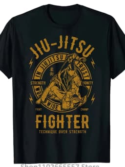 Men's Brazilian Jiu-Jitsu Graphic T-Shirt 100% Pure Cotton Casual T-shirt, Printed with JIU-SU and FIGHTER Text Regular Fit