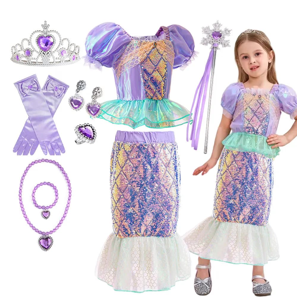 Summer Kids Mermaid Tail Costume Fancy Dress Sparkly Purple Ariel Outfit for Princess Birthday Party Hallowen Carnival Cosplay
