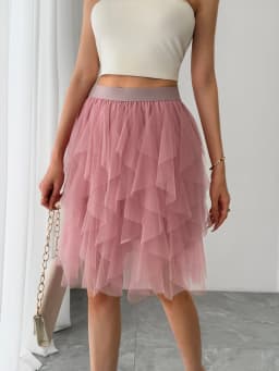 Summer style women's chiffon mid length skirt with irregular layered ruffle edge cake skirt, elegant and fairy like A-line skirt