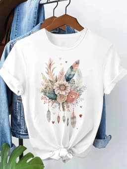 90s T Shirt Love Heart Feather Graphic Print T-shirt Short Sleeve Crew Neck Casual Top Summer Spring Women's Clothing Top Tee
