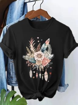 90s T Shirt Love Heart Feather Graphic Print T-shirt Short Sleeve Crew Neck Casual Top Summer Spring Women's Clothing Top Tee