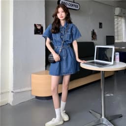 Women Vintage Denim Shirt Dress High Waist A-line Jean Mini Dress for Ladies Retro Y2K Streetwear Dresses for Women Party Outfit