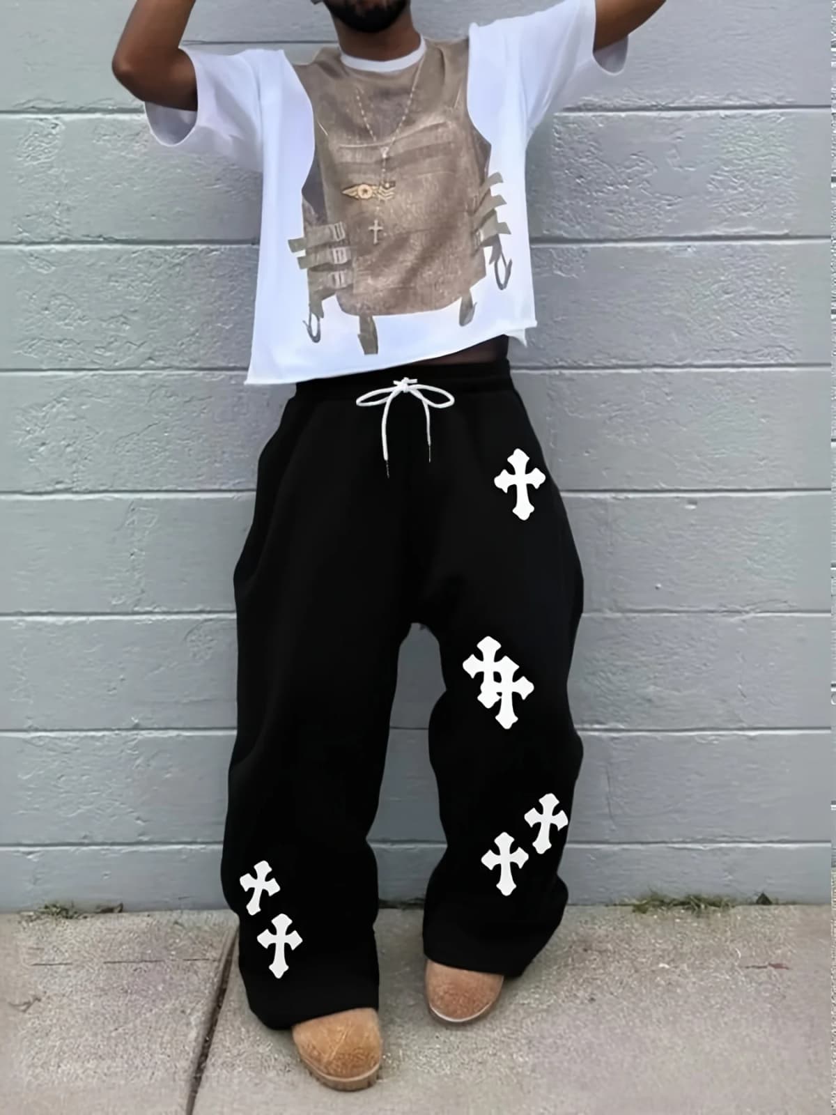 26 Trendy Men's Kids Wide Leg Pants Large Cross Print Street Hip-Hop Pants Loose Casual Jogging Pants Gothic Fashion